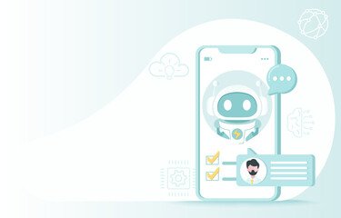 Artificial intelligence (AI) technology and online communication concept. AI robot assistant, communication, planning, thinking, brainstorming through chat message. Flat vector design illustration.