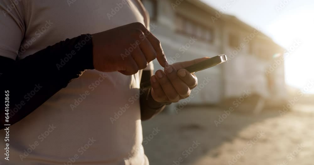 Poster man, phone and hands typing in communication, social media or outdoor networking on beach. closeup o