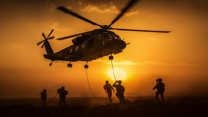 Fototapeta na wymiar photograph of Marines descending from helicopter by rope during sunset.