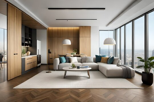 living room interior , full wall window generated by AI