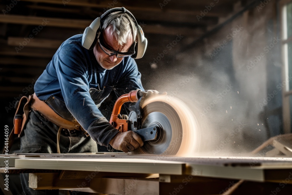 Poster man saws with a disk saw.