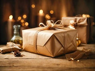 Packaging and gifts wrapped up in brown paper on wooden table
