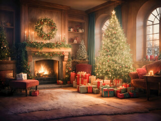 magical christmas interior. burning fireplace. Glowing fireplace, hearth, tree. Gifts and decorations