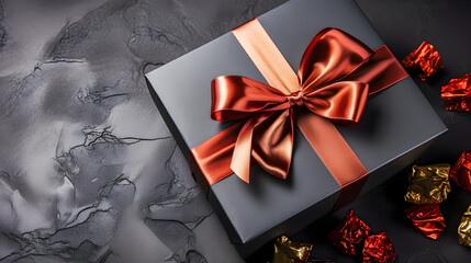 Gift box with a red bow on a dark textured background. Elegant birthday, black friday or christmas gift. Generative ai