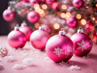 Fototapeta premium pink christmas balls ornaments with snowflakes