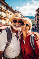 Happy senior couple visiting a city during a holiday. Concept of mature people travelling and see the world as tourists. Could be in Europe, Asia or the US. Shallow field of view.