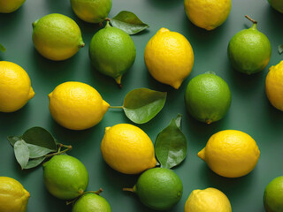 Creative food summer citrus fruits banner panorama wallpaper, seamless pattern texture - Top view of many fresh lemons, slices and leaves, isolated on green background