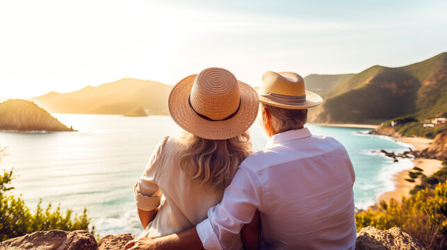 Senior Couple Sitting On A Bench Overlooking The Sea. Enjoying The Sunset On A Warm Holiday Destination. Concept Of Traveling In A Mature Age. Shallow Field Of View.