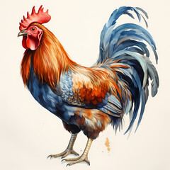 Colorful rooster watercolor painted. White background.