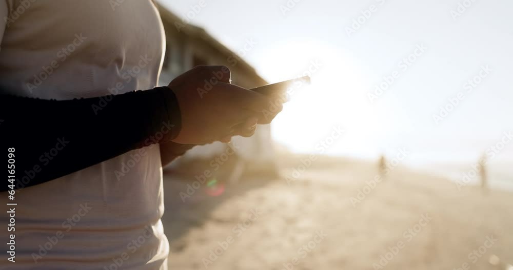 Poster man, phone and hands typing on beach in communication, social media or outdoor networking. closeup o