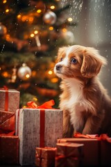 Photo of a dog sitting next to a beautifully decorated Christmas tree with presents underneath created with Generative AI technology