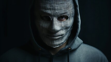 Close-up face of anonymous hacker With a mask - Hacking Concept with a dark background, cybersecurity, cybercrime, cyberattack, dark background concept.