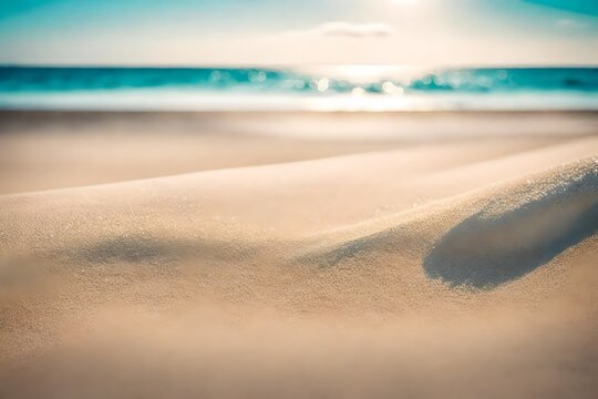 Sand beach in closeup with a blue sky and a turquoise sea in the distance. superior photograph, digital art, minimalism, HD background