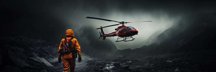 Helicopter rescue operation in a stormy mountain region, rain and wind visibly interacting with the rotors, dramatic, dark, and intense atmosphere
