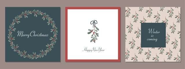 A set of Christmas cards. Postcards with mistletoe. Happy New Year and Christmas. Invitation, save the date. A special event