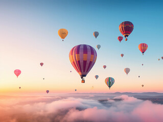 Fototapeta premium Hot air balloons ascending during sunrise, whimsical colors, accompanied by a biplane doing aerial acrobatics, dreamy, pastel hues