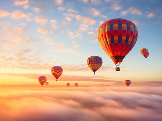Naklejka premium Hot air balloons ascending during sunrise, whimsical colors, accompanied by a biplane doing aerial acrobatics, dreamy, pastel hues