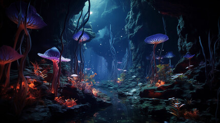 Fototapeta na wymiar a tropical cave with bioluminescent plants and fungi, mystical and otherworldly atmosphere