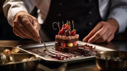 chef decorating an intricate chocolate dessert with gold leaf, focus on the steady hands and precision, modern dessert kitchen, bright studio lights