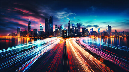 Fototapeta na wymiar Trails of light speeding in a time-lapse cityscape,