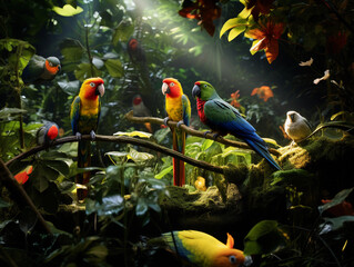 a dense tropical rainforest, colorful birds perched on lush, green canopies, sunlight filtering through leaves creating dappled patterns on the forest floor