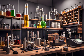 A chemistry lab with various scientific instruments and glassware ai generated