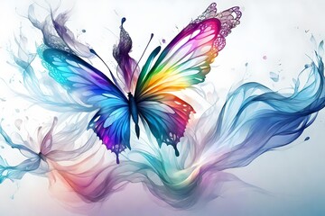 Crystal white background ,digital art ,minimalism, abstract art, textures, rainbow smoke butterfly portrait in  HD background
