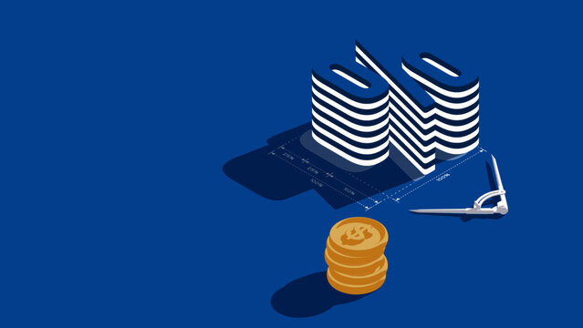Percent Symbol and Coin Stack Illustrated Concept About Investing, Buying, Selling, and Planning in Blue.