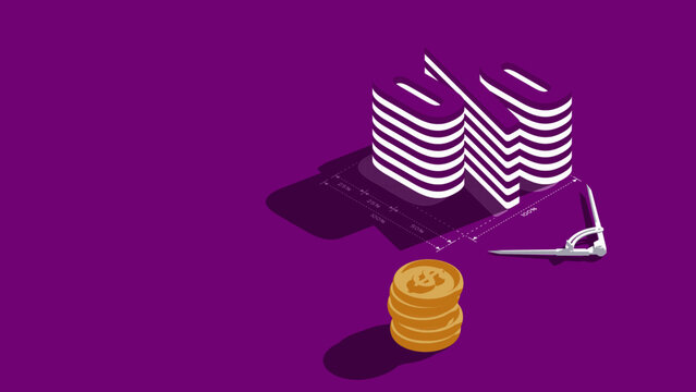 Percent Symbol and Coin Stack Illustrated Concept About Investing, Buying, Selling, and Planning in Purple Isometric Vector