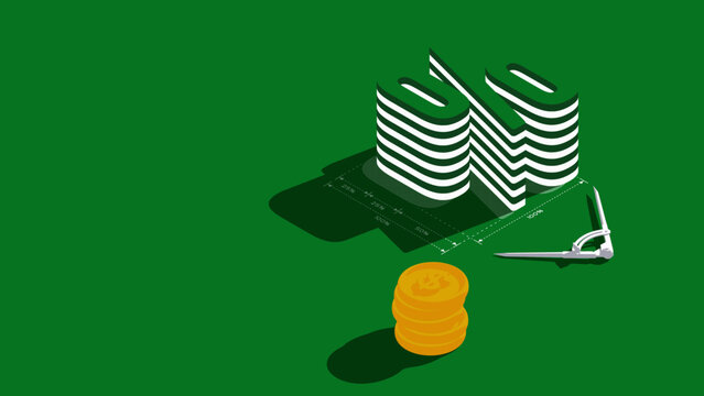 Percent Symbol and Coin Stack Illustrated Concept About Investing, Buying, Selling, and Planning in Green Isometric Vector