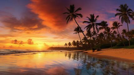 Fototapeta na wymiar a tropical beach at sunset, towering palm trees, golden sand, vibrant sky with shades of orange and purple, reflections in calm ocean waves