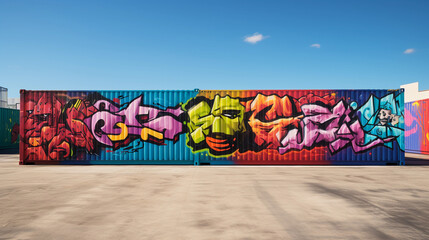 graffiti across a line of multi - colored shipping containers, diversity in art and color, bright midday sun