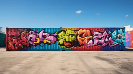 Photo sur Plexiglas Graffiti graffiti across a line of multi - colored shipping containers, diversity in art and color, bright midday sun