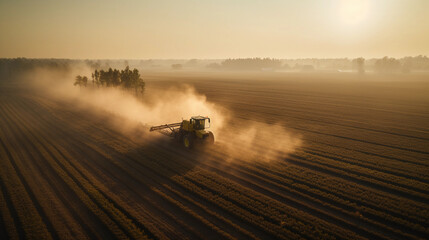 Fototapeta premium Sunrise over a cornfield, golden hour, soft focus, mist hovering over the crops, vibrant warm colors, tractor in the distance, aerial view
