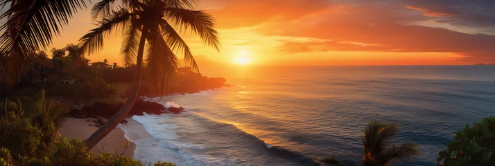 Poster a tropical sunset from a cliff, overlooking an endless ocean, warm hues in the sky, silhouettes of palm trees, golden hour © Marco Attano