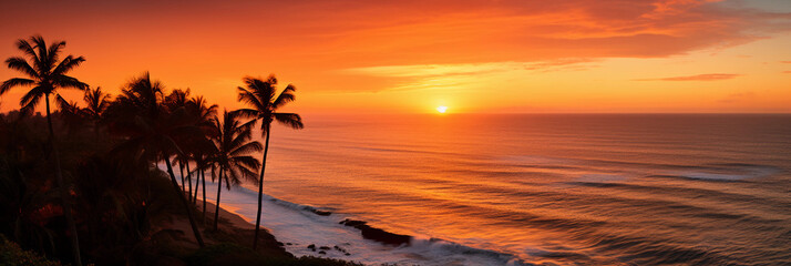 a tropical sunset from a cliff, overlooking an endless ocean, warm hues in the sky, silhouettes of palm trees, golden hour