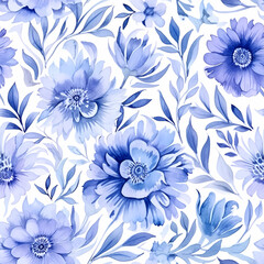 Blue floral watercolor repeatable pattern. Seamless tileable natural texture with flowers and leaves.