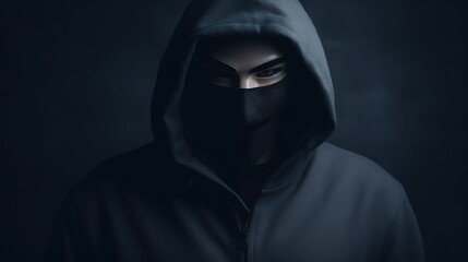 Close-up face of anonymous hacker With a mask - Hacking Concept with a dark background, cybersecurity, cybercrime, cyberattack, dark background concept.