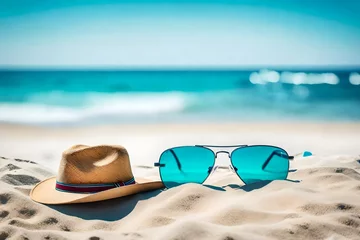 Foto op Plexiglas Clearwater Beach, Florida Close-up view of cap and glasses, Sand beach with a blue sky and a turquoise sea in the distance, HD background