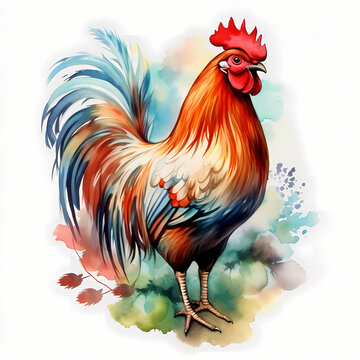 Colorful rooster watercolor painted. White background.