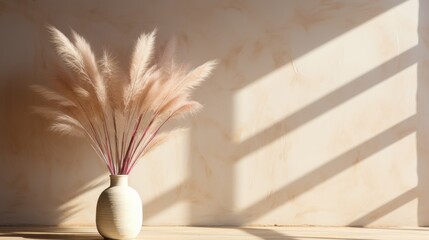 Dried pampas grass with soft blurry shadow on light beige wall. Aesthetic minimalist sustainable neutral background, business brand, social media blog template, mockup