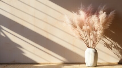 Dried pampas grass with soft blurry shadow on light beige wall. Aesthetic minimalist sustainable neutral background, business brand, social media blog template, mockup