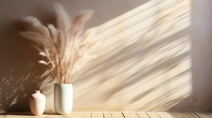 Dried pampas grass with soft blurry shadow on light beige wall. Aesthetic minimalist sustainable neutral background, business brand, social media blog template, mockup