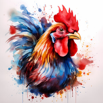 Colorful rooster watercolor painted. White background.