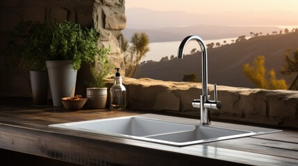 A kitchen sink with a view of the mountains, AI - Powered by Adobe