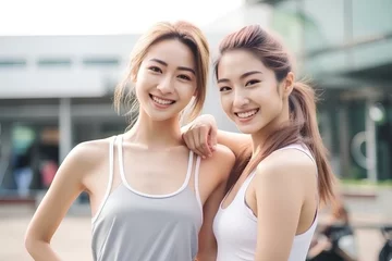 Fotobehang slim and beautiful korean women fitness friends are smiling happily in an active pose in sportswear. generative AI © yj