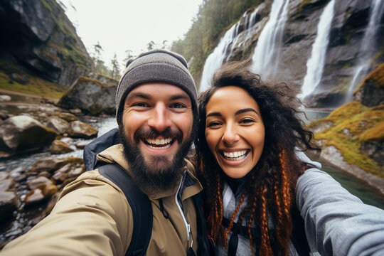 Generative AI picture of nice couple traveling together winter autumn spring mountains making selfies beautiful landscape nature