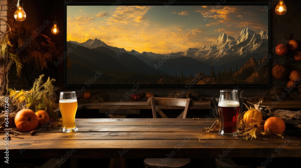 Wall mural A table with two beers and pumpkins on it, AI