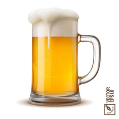 cold mug of light beer with lush flowing foam, 3D realistic glass with handle