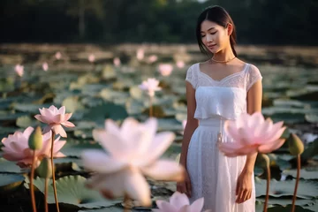 Fotobehang Portrait of beautiful woman wearing rose dress closed eye floating in blue river with dark and light pink lotus flower. Generative AI. © Surachetsh